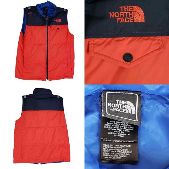 The North Face 550 Down Puffer Vest Boys Size Medium M Red Black Full Zip - Picture 1 of 13